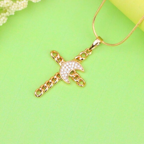 "Rose Gold Chain Cross Pendant with CZ Crescent Accent, XPPT1263 - Picture 3 of 13